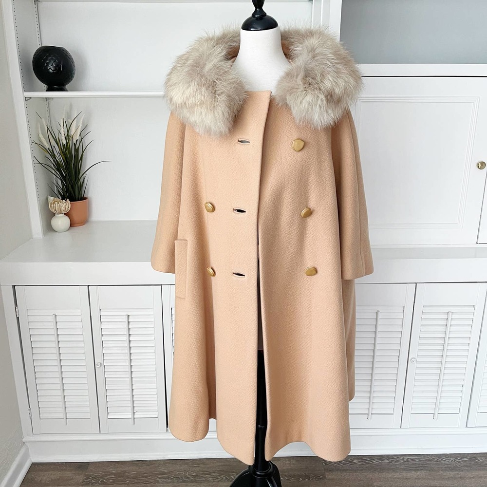 Vintage Romay Azens Fur Collar Camel Tan Wool Swing Cape Coat Size S/M - Picture 5 of 9